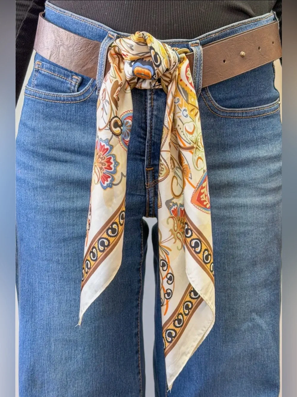 Floral Kingdom Silk-Feel Beige Printed Boho Scarf Belt